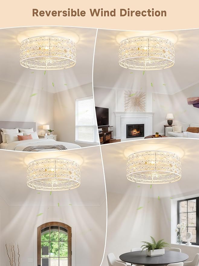White Caged Ceiling Fan with Light and Remote, Modern Romantic Flower Crystal Ceiling Fans with Lights, Flush Mount Low Profile Fandelier, 6-Speed Reversible for Bedroom,Dining Room,Girls Room,Nursery