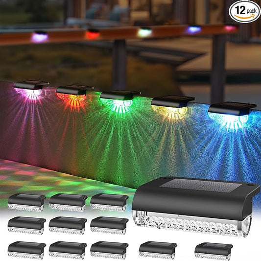 Herzila 12 Pack Solar Deck Lights Outdoor Color Changing Led Solar Fence Lights Step Waterproof for Stairs, Step, Fence, Yard, Patio, Balcony and Pool