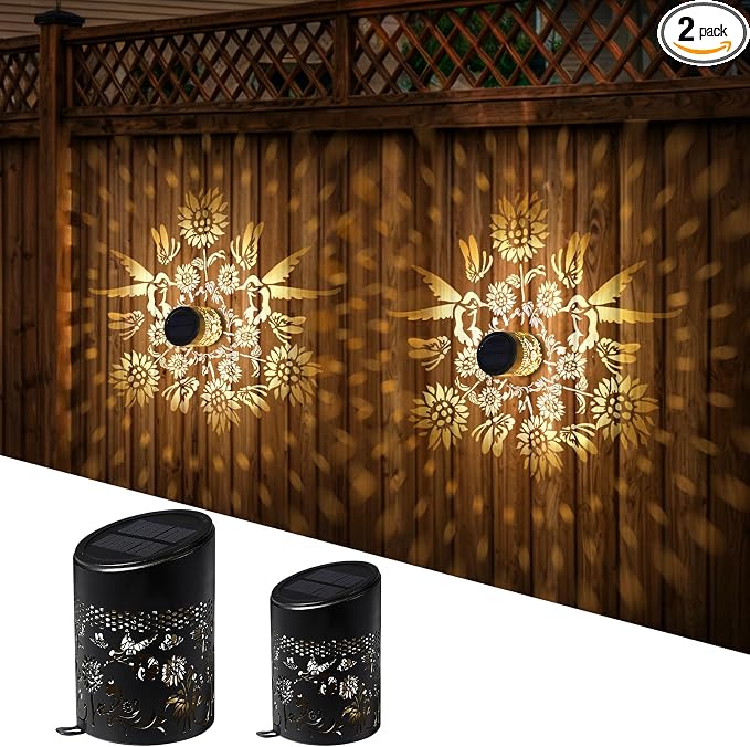 Solar Decorative Mandala Lights 2 Pack, Solar Fence Wall Step Deck Lights Outdoor Garden Decor with Hummingbird Sunflower Theme for Yard Art Porch Patio Backyard Garden Decor, Gifts for Mom Women