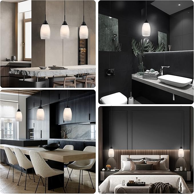 Viinew Mini Glass Pendant Light,4.72" Black White Hanging Lights 3-Pack Handblown White Oval Art Glass Hanging Pendant Light for Kitchen Island,Dining Room,Living,Foyer,Hallway, Entry