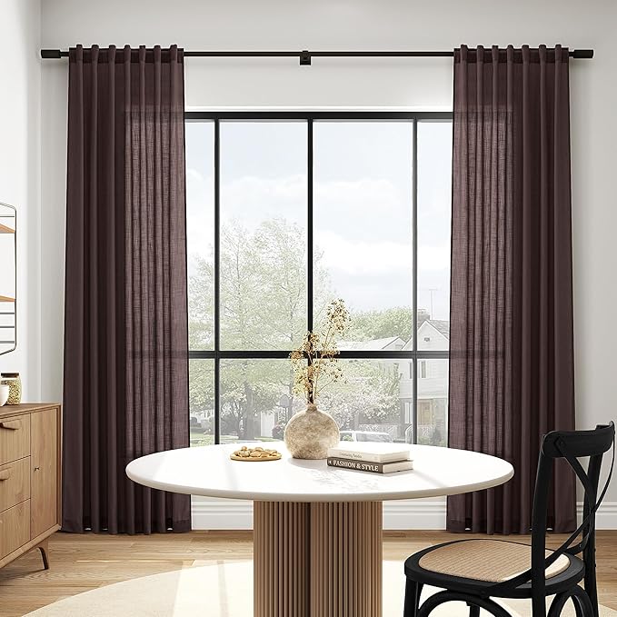 Coffee Brown Curtains 72 inch Length for Living Room/Study Room Back Tab Rod Pocket Linen Semi Sheer Modern Farmhouse Curtain Coastal Decor Cotton Textured Gauze for Dining Room Office 2 Panels