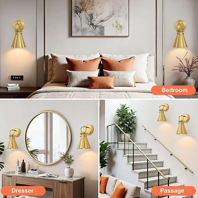 Gold Wall Sconces for Bathroom, Modern Vanity Light Fixtures, Wall Mount Lighting Farmhouse Wall Lights with 6 Inch Metal Lampshade for Bedroom Living Room Mirror Kitchen (Gold Metal, 2 Pack)