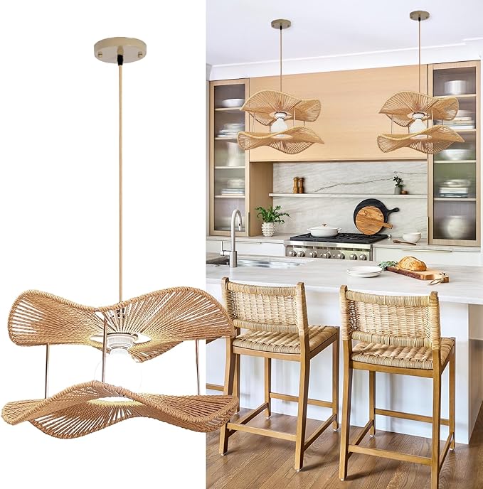 Farmhouse Rattan Pendant Lights 2-Tier Coastal Kitchen Light Over Island 15.8in Boho Rattan Hanging Lighting Wicker Woven Chandelier for Dining Room Bedroom Entryway Restaurant Foyer
