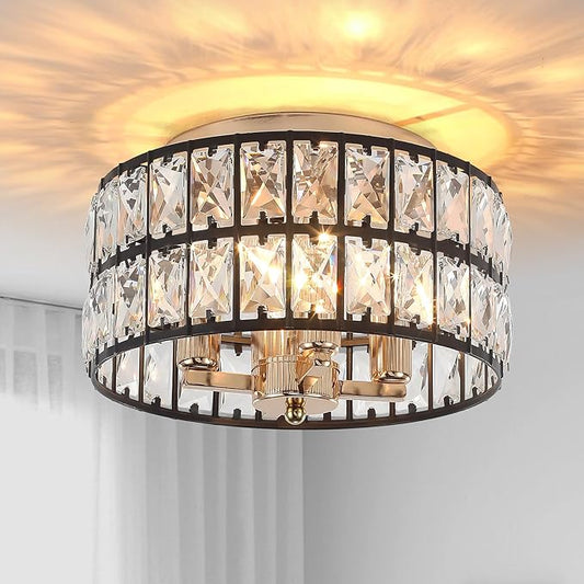 JHLBYL Black and Gold Crystal Ceiling Light: 4-Light 11.22 Inch Flush Mount Chandelier with K9 Crystals - Modern Close to Ceiling Light Fixture for Hallway Bathroom Entryway - E12 Base