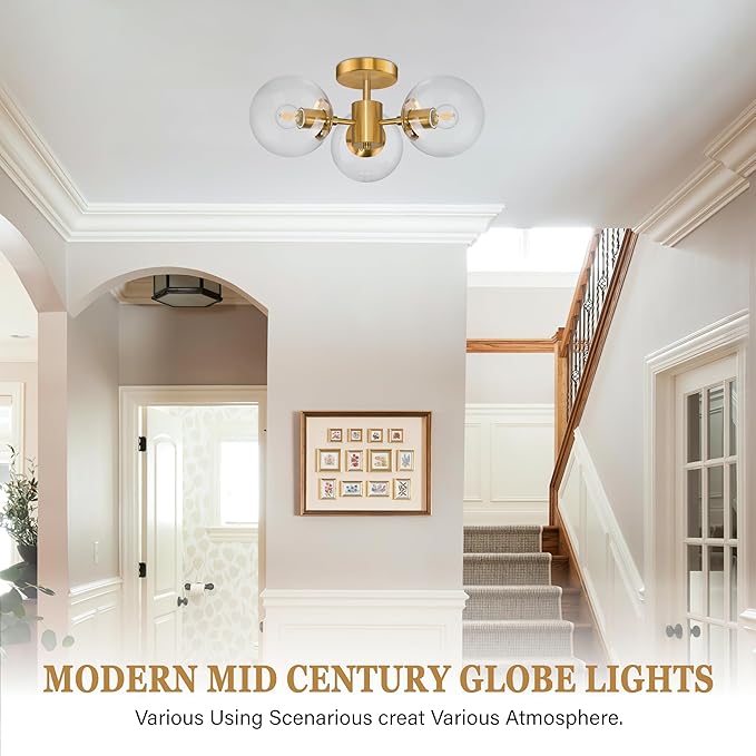 Mid Century 3-Light Clear Globe Glass Gold Chandelier 19 Inch Modern Brass Semi Flush Mount Ceiling Lights Modern Light Fixtures Ceiling Lights Fixture for Bedroom Living Room Hallway Entryway