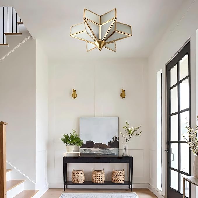 LIGHTLAND 11.8 Inch Flush Mount Star Ceiling Light, 3 Lights Brass Ceiling Lamp with Glass Lampshade, Art Deco Close to Ceiling Light Fixtures for Entryway Hallway Porch, Gold