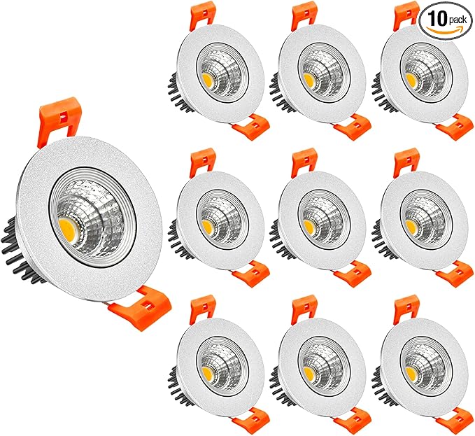 LightingWill 2inch LED Dimmable Downlight, 3W COB Recessed Ceiling Light, Warm White 3000K-3500K, CRI80, 25W Halogen Bulbs Equivalent, Silver(10 Pack)