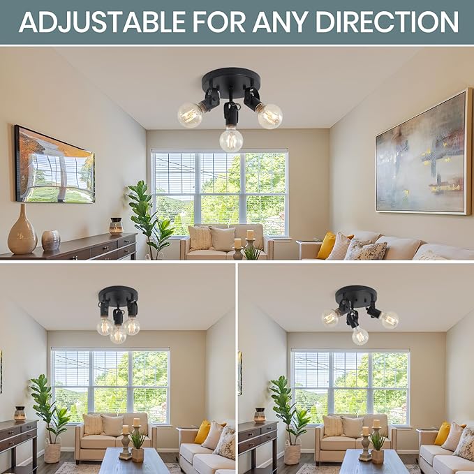3-Light Flush Mount Ceiling Spotlight，Multi-Directional Track Lighting Fixtures Ceiling with Open No Shade Design, Black Kitchen Light for Island, Sink,Dining Room, Hallway (E26, Bulb Not Included)