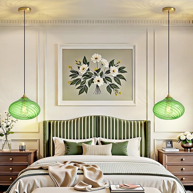 Glass Pendant Lights Kitchen Island, Gold Pendant Lighting Fixtures, Modern Hanging Ceiling Light with 11'' Striped Green Glass Shade for Farmhouse Dining Room Bedroom Hallway(1 Pack)