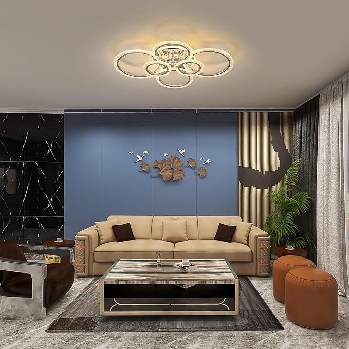 Garwarm Modern LED Ceiling Light Fixture,76W Dimmable LED Chandelier Flush Mount Ceiling Lights Remote Control,6 Ring Ceiling Lamp Fixture for Living Room Dining Room Bedroom(Chrome)