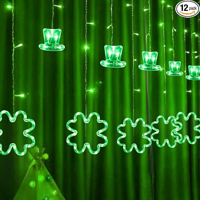 Dazzle Bright St Patrick Day Lights, 174LED 9FT Green Hat and Shamrock Curtain String Lights with 8 Modes, Plug in St Patrick Decorations for Indoor Window Outdoor Party Decor (Green)
