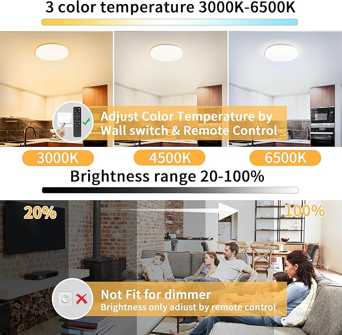 13 Inch Flush Mount Ceiling Light Fixture with Remote Control,24W Dimmable 3000K-6500K Light Colors Adjustabl,Modern Ceiling Lights for Bedroom，Kitchens