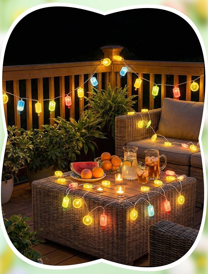 8.5FT Popsicle and Lemon String Lights, Tropical Beach Decorations Lights with 10 Multicolor Popsicle Lemon Bulbs, UL Listed Waterproof Fairy Lights for Summer Party Patio Bedroom Holiday Camping