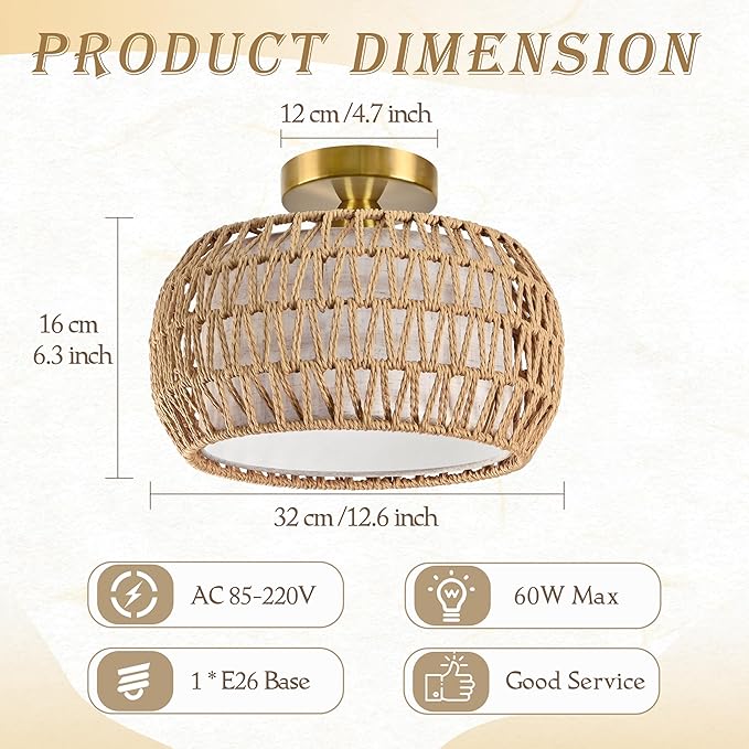 12.6 inch Natural Rattan Ceiling Light Fixture Hand-Woven Rattan Chandelier Boho Ceiling Light Fabric Shade Boho Chandelier for Kitchen Dinning Room (Bulb Incl.)