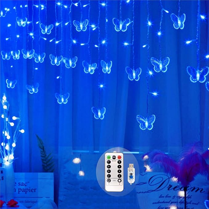 Butterfly Curtain Fairy Lights USB Plug in,8 Modes 120 LED 19.7FT Firefly Twinkle Timer String Lights with Remote, Waterproof Copper Wire for Bedroom Patio Christmas Wedding Party Dorm (Blue)