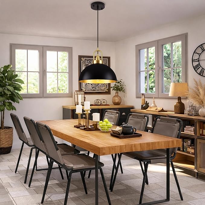 16'' Black Dome Pendant Light, Modern Farmhouse Pendant Light Fixture, Large Hanging Ceiling Pendant Lighting for Kitchen Island Dining Room Foyer Hallway Bar Cafe