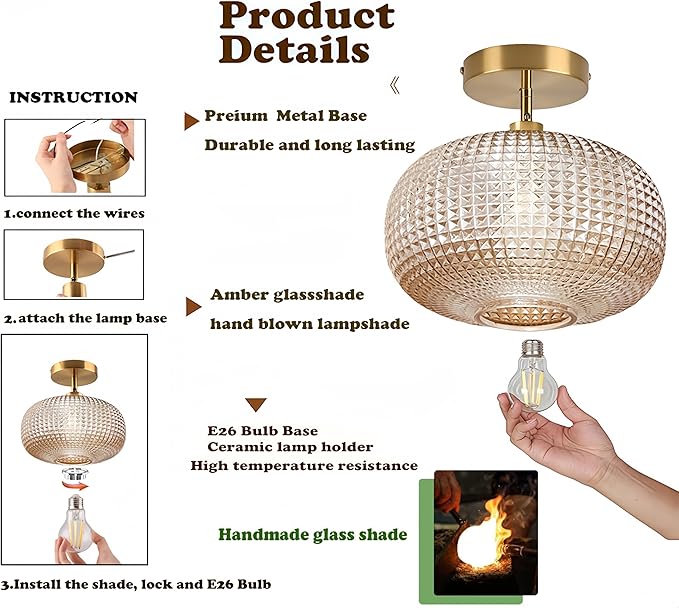 Semi Flush Mount Ceiling Light,Vintage Small Ceiling Light Fixture,Hallway Lighting Fixture with Amber Glass Shade,Art Deco Kitchen Lighting Fixtures Ceiling for Bedroom,Bathroom,Porch
