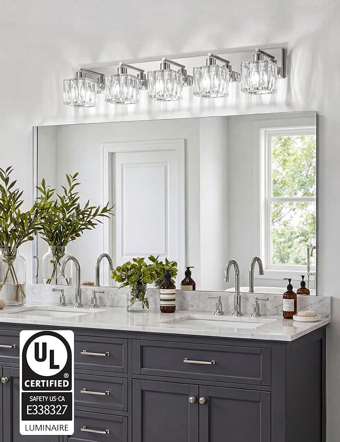 VOLISUN Chrome Bathroom Light Fixtures, Modern Stainless Steel Bathroom Lighting Fixtures Over Mirror, 5 Light Bathrooms Vanity Light, Crystal Vanity Light for Bathrooms-UL Certificated(Exclude Bulb)