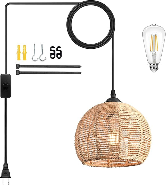 Plug in Mini Hemp Rope Woven Pendant Light Woven Light Fixture Boho Chandelier Wicker Pendant Lights Rattan Plug in Cord Hanging Lights Dome Wicker Chandelier for Bedroom (Bulb Incl.)