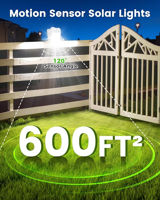 Clip on Solar Lights for Fence, 3 Modes Solar Motion Lights Outdoor Waterproof, 60LEDs 500LM Portable Security Light for Fence, Deck, Garage, Camping, USB Charging, 4 White