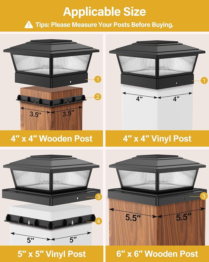 KEILAIMO Solar Post Cap Lights Outdoor for 4x4 5x5 6x6 Wood/Vinyl Posts, 2 Pack Fence Post Solar Lights with Flickering Flame & Warm Modes for Deck/Garden/Patio, IP65 Waterproof - Coal Black