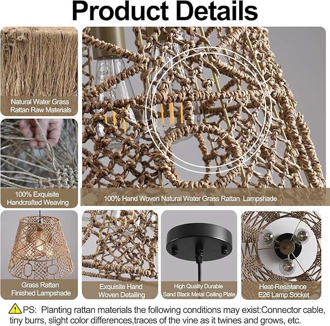 18.11" Rattan Pendant Light,Boho Hand Woven Wicker Hanging Light 3-Light Seagrass Rattan Chandelier for Dining Living Bedroom Sand Black Metal