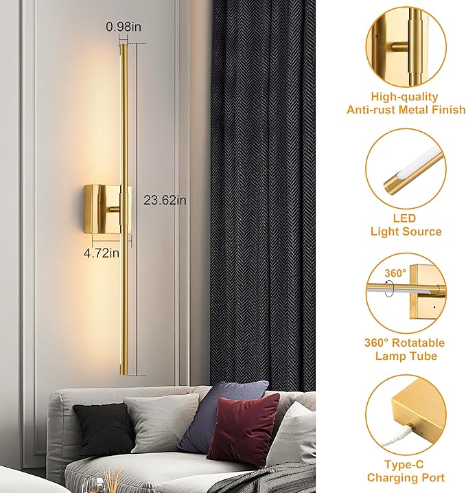 Morauroral Gold Battery Operated Wall Sconces, Dimmable Wall Sconces with Remote Control, Rechargeable Sconces Wall Lighting, 24″ LED Wireless Wall Lights for Bedroom, Living Room, Bathroom, Hallways