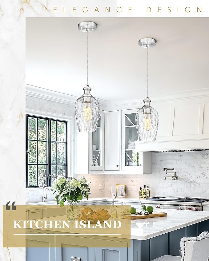 Pendant Lights Kitchen Island, Modern Brushed Nickel Hanging Lights Fixtures with Hand-Blown Hammered Clear Glass, Farmhouse Kitchen Island Lighting Over Sink, AD-24027-1P-SN