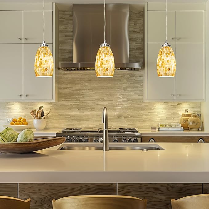 Kira Home Coast 9" Modern Oval Mini Pendant Light + Hand-Crafted Mosaic Sea Shell Glass, Brushed Nickel Finish/Neutral Color