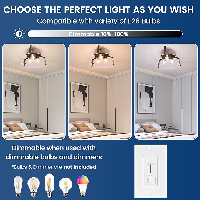 Modern Black Semi Flush Mount Ceiling Light Fixture, 3-Light Glass Ceiling Mount Light Fixtures, Kitchen Island Lighting Fixtures Ceiling Lights for Foyer Entryway Bedroom Laundry Room Hallway