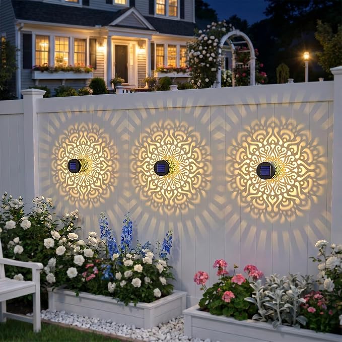 Solar Fence Lights 2 Pack Outdoor Deck Step Wall Lights Metal Waterproof LED Warm Yellow Light for Garden Post Patio Backyard Yard Decor (Mandala-3, 2)