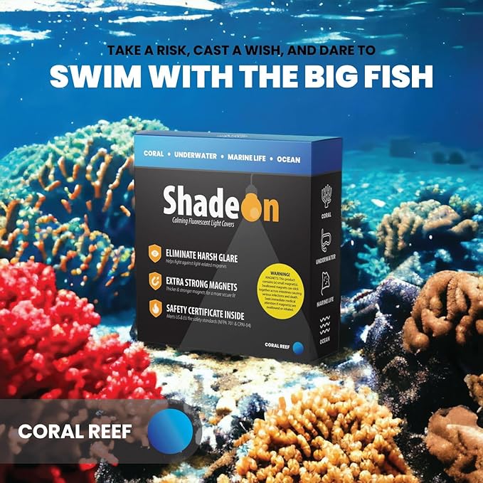 ShadeOn Fluorescent Light Covers for Ceiling Lights Classroom (4-Pack) - 2x4 ft Magnetic Office Light Covers for Fluorescent Lights, Ocean - Coral Reef