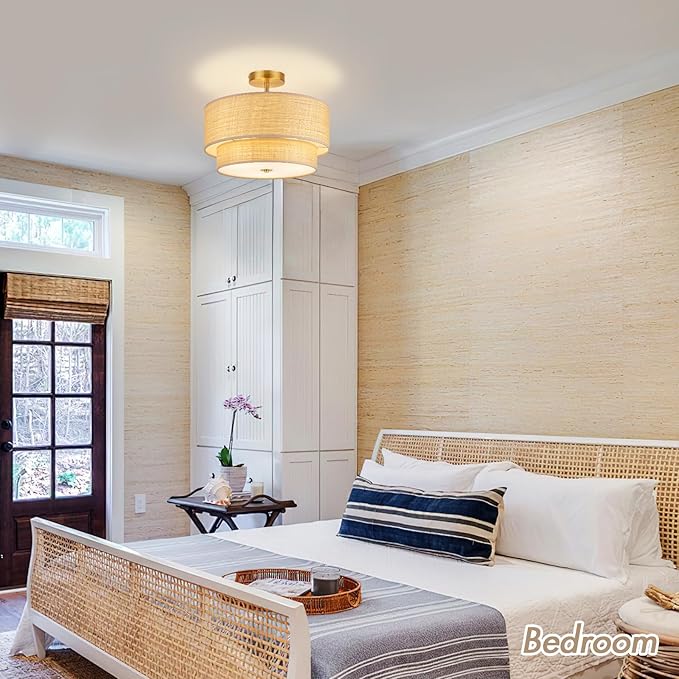 16 Inch Semi Flush Mount Ceiling Light, Double Raffia Woven Drum Shade, Rattan and Gold Farmhouse Ceiling Lamp for Bedroom, Living Room, Dining Room, Kitchen