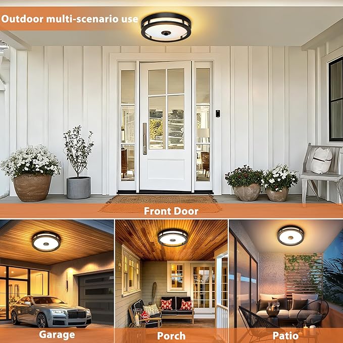 Outdoor Motion Sensor Ceiling Light with Remote,24W Dimmable & 2700K-5000K Adjustable Exterior Flush Mount Ceiling Lights,12" Outdoor Porch Light Fixture for Garage,Entryway,Patio,Black