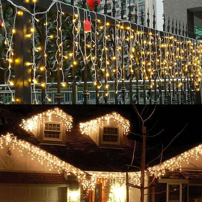 LED Icicle Lights, 8 Modes, 13FT 96 LEDs Christmas Short Curtain Fairy Hanging Ceiling Extendable Lights for Wedding Balcony Doorway Outdoor Indoor Decoration Warm White, 4M