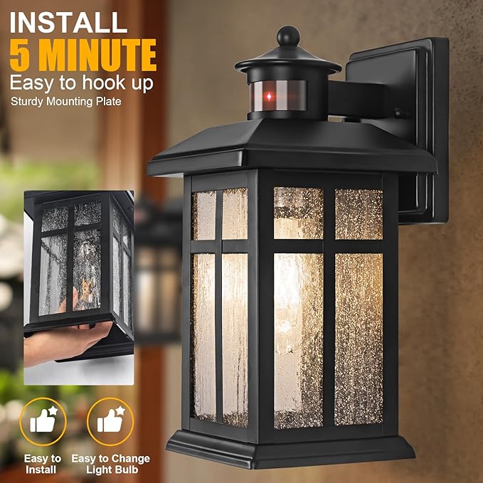 Brilvibera Outdoor Wall Light Motion Sensor - Updated Dusk to Dawn Outdoor Lighting, Exterior Light Fixture, Black Porch Lights & Outdoor Light for House Garage Entryway