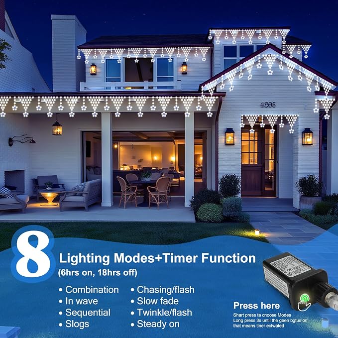 (New) Christmas Curtain Lights, 13.8ft 218 LED Outdoor Christmas Lights, Icicle Lights with 12 Drop Stars for Curtain, Indoor, Garden, Patio, Wedding, Xmas, Home Decoration - White