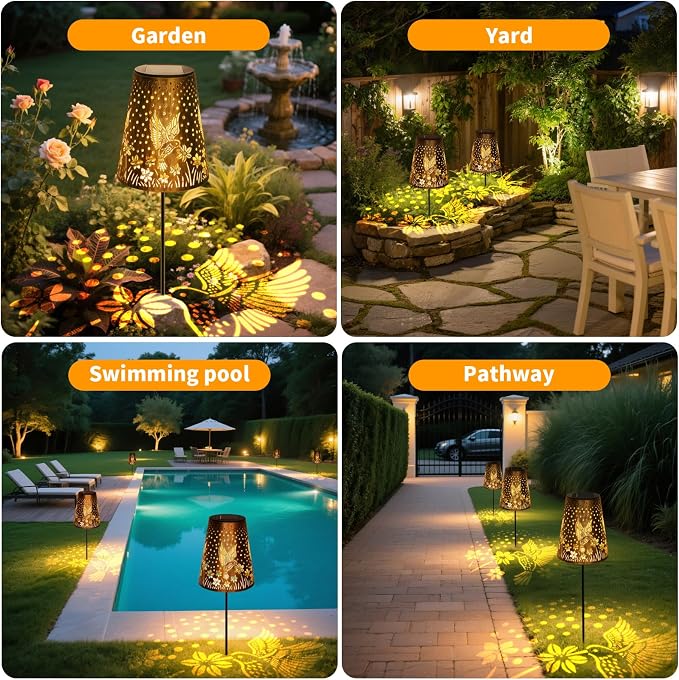 Solar Pathway Lights Outdoor, LED Bright Metal Retro Waterproof, Outside Decorative Hummingbird Lanterns Solar Powered for Path Lawn Patio Yard Walkway (Hummingbird 2P)