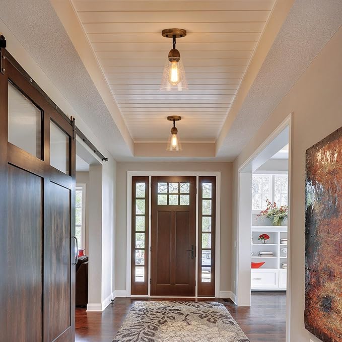 Rustic Farmhouse Glass Flush Mount Ceiling Light Fixture Mini Clear Seeded Glass Shade and Oak Wood Semi Flush Mount Ceiling Light for Kitchen Hallway Entryway Sink Farmhouse
