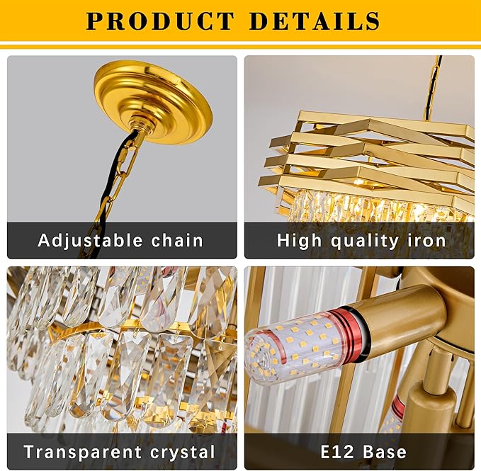 Gold Crystal Chandelier 5-Lights 15.75" Modern Crystal Pendant Light 3-Tier Luxury K9 Hanging Dining Room Lighting Fixtures for Bedroom Living Room Office Hallway Foyer Entryway Kitchen Sink