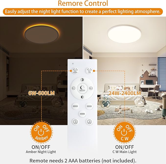 Flush Mount Ceiling Light with Night Light, 11in LED Ceiling Lights with Remote Control, 1800K Nightlights & 3000-6500K Dimmable Lamp Fixture, 24W 2400LM Low Profile for Bedroom, White