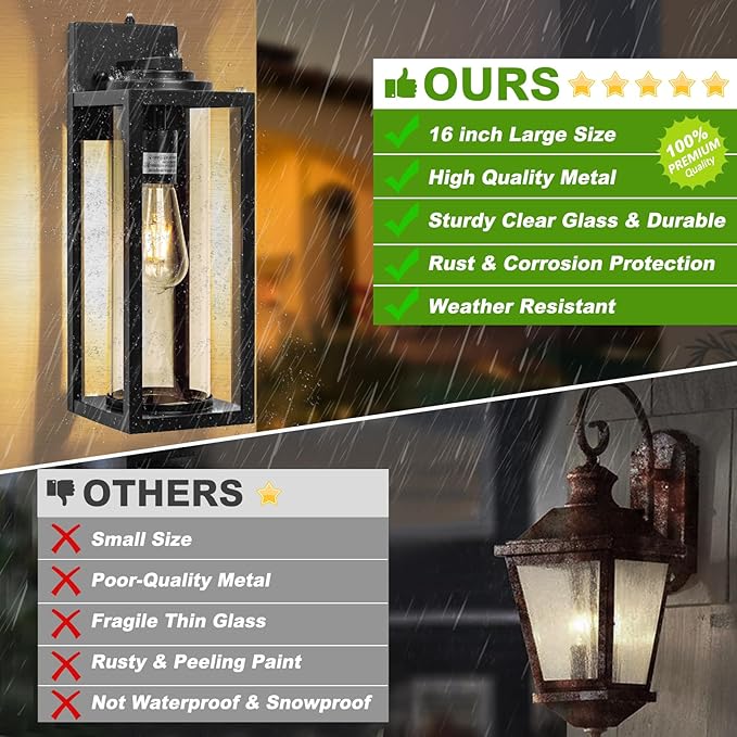 FILIYANO 16 inch Dusk to Dawn Outdoor Wall Light - 2 Pack Exterior Waterproof Outside Lighting, Modern Porch Sconces, Wall Mounted Fixtures, Industrial Anti-Rust Matte Black Lantern for Front Door