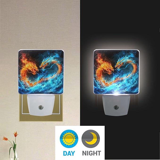 Wamika Monster Dragon LED Sensor Night Light Set of 2 Fire Ice Dinosaur Table Desk Lamps with Adjustable Brightness Eye-Caring for Home Bedroom Office Parlour