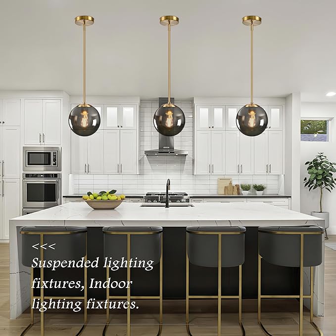 Bagood 8 Inch Globe Pendant Light Gold Globe Pendant Lights Kitchen Island Mid Century Light Fixture with Gray Clear Glass Contemporary Adjustable Hanging Lights for Dining Room (Bulb Included)