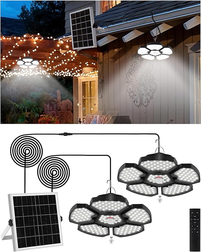 T-SUN Solar Shed Light Indoor Outdoor, 1200LM 156LED Motion Sensor Pendant Light with 5 Lighting Modes & Remote, Daytime Available Waterproof Indoor Light for Shed Barn Gazebo Shop Garage