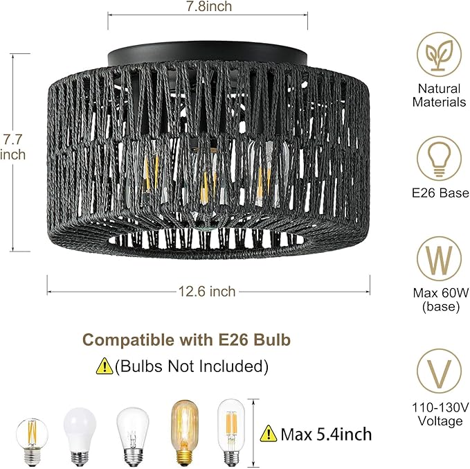 12.6”Rattan Flush Mount Ceiling Light Fixtures, 3-Light Boho Light Fixture Rattan Hand-Woven Chandelier Close to Ceiling Light Fixture for Bedroom Hallway Kitchen Dining Room Nursery(Black)
