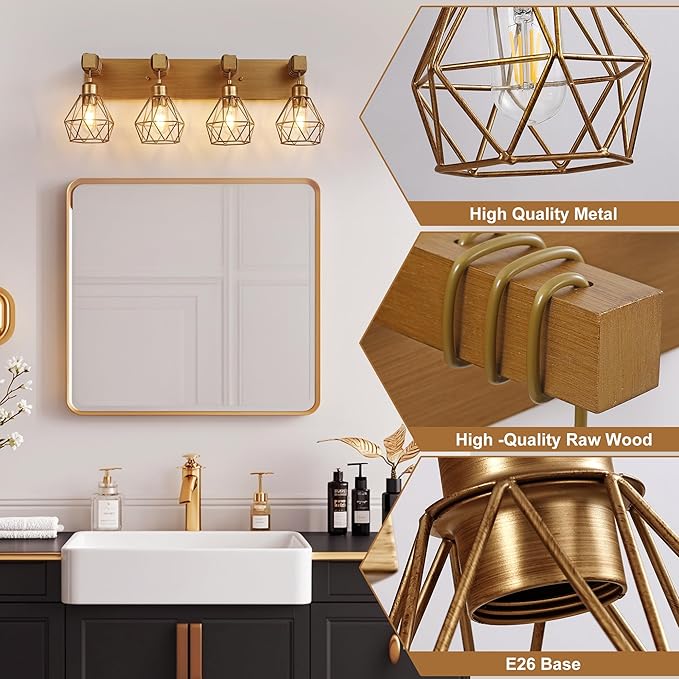 maesta Bathroom Gold Vanity Light Fixtures, 4-Light Gold Bathroom Light Fixtures Over Mirror, Sconces Wall Lighting with Elegant Metal Lampshade for Living Room, Bedroom, Hallway