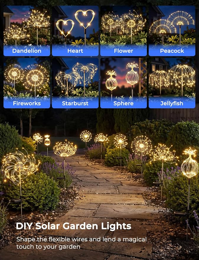 Brightown 4 Pack Garden Decor Solar Lights Outdoor Decorative,150LED Firework Lights for Outside,8 Modes Solar Powered Stake Fairy Light for Yard Pathway Flowerbed Patio Christmas Decor,Warm White