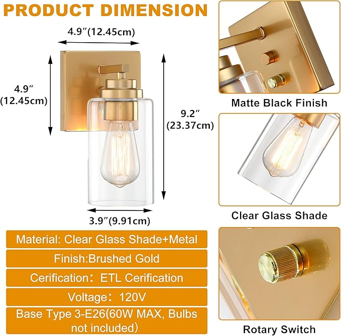 Pia Ricco Wall Sconces Set of 2, Bedside Wall Lamps with Rotary Switch for Bedroom, Modern Bathroom Light Fixtures with Clear Glass Shade, Gold Sconces Wall Lights for Living Room, Hallway, Kitchen
