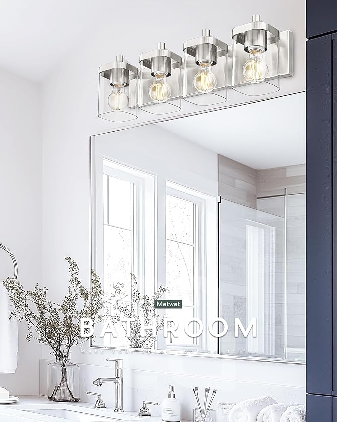 Bathroom Light Fixtures, 4-Light Vanity Light with Square Clear Glass Shade, 25" Brushed Nickel Modern Wall Sconces, Vanity Lighting Fixtures Over Mirror, VL194-BN-4